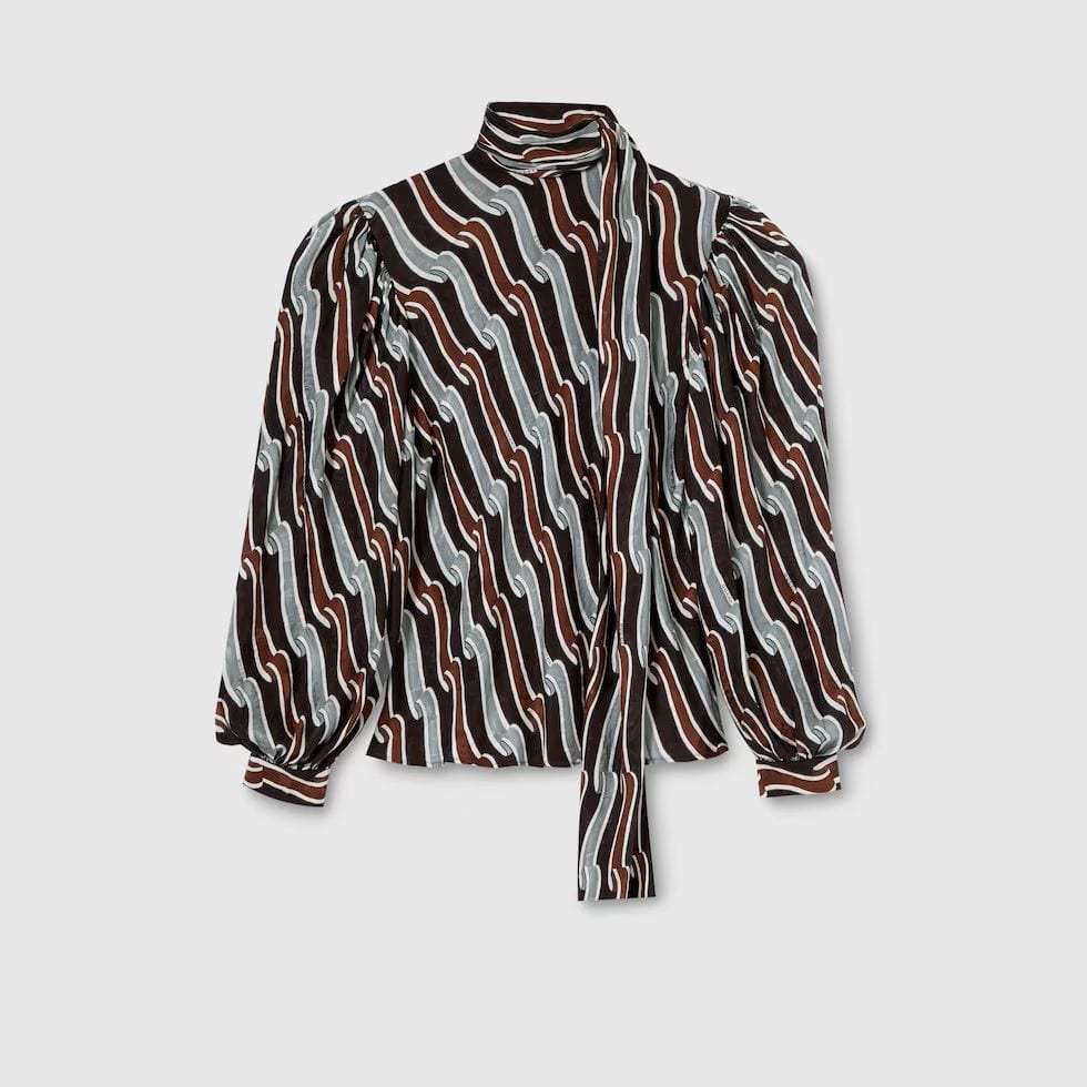 Printed silk twill shirt in grey and brown